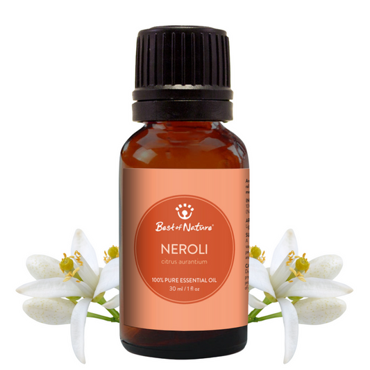 Bottle of Best of Nature Neroli essential oil with flowers on a white background