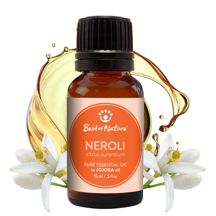 Bottle of Best of Nature Neroli essential oil with flowers and oil droplets on a white background