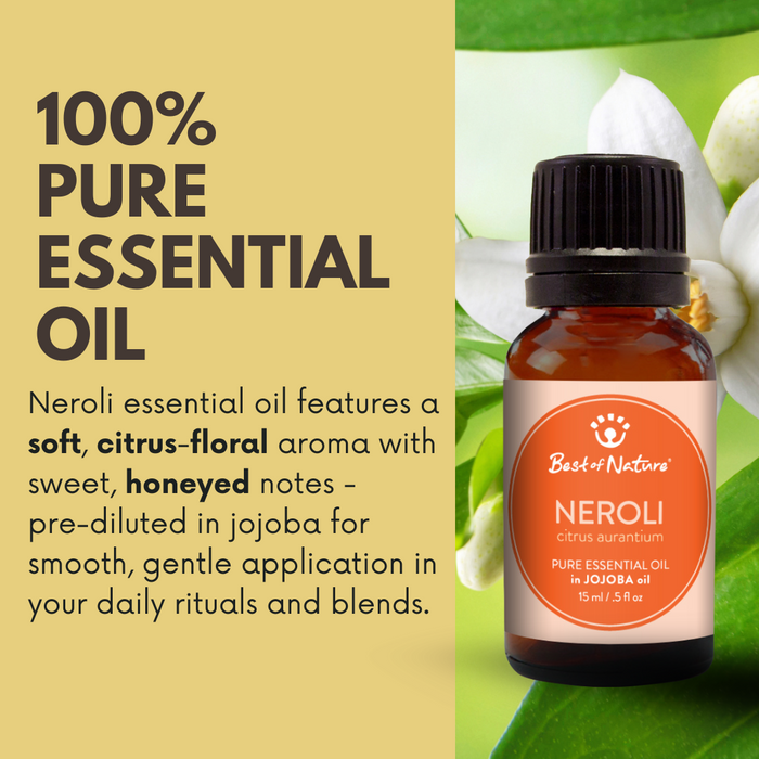 Neroli essential oil bottle on a green background with text about its aroma and uses.