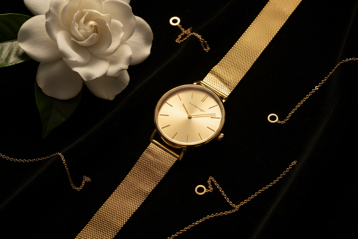 Nordgreen Native 28mm Gold Chain Crystal Dial watch flat lay on dark velvet with white gardenia