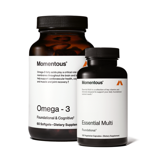 FOUNDATIONAL STACK WHICH INCLUDES A BOTTLE OF MOMENTOUS MULTIVITAMIN AND A BOTTLE OF OMEGA-3
