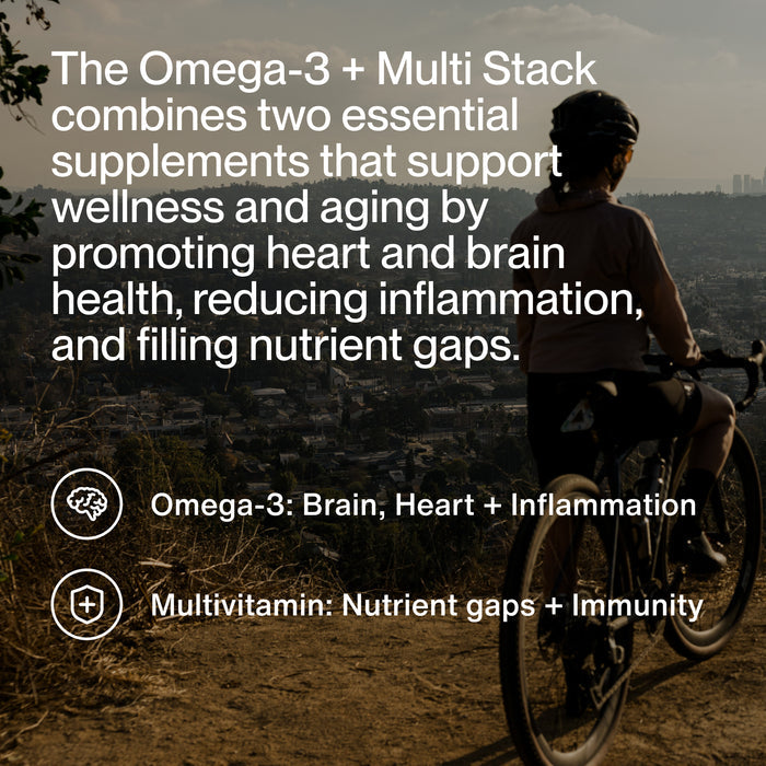 Key benefits of Omega and Multivitamin bundle, highlighting foundational daily nutrition, support for heart health, brain function, immune health, and overall wellness.