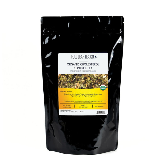 A 1/2 pound bag of Full Leaf Tea Company Organic Cholesterol Control Loose Leaf Tea.