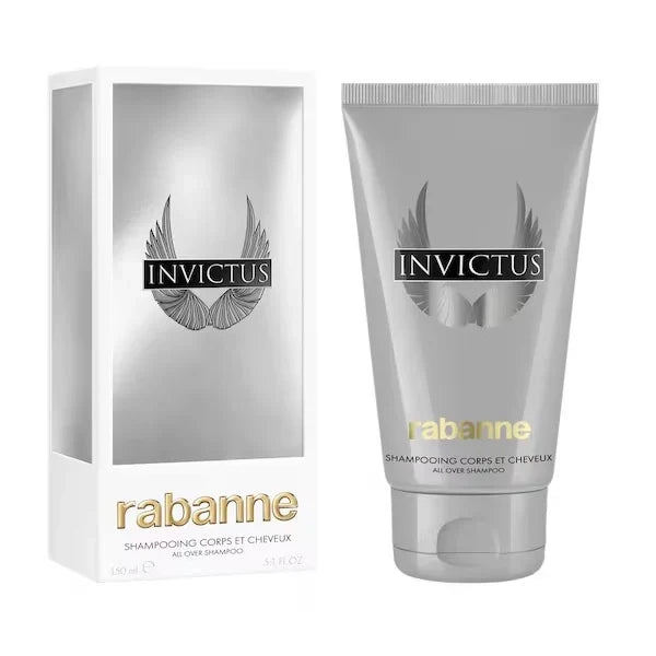 Paco Rabanne Invictus 150ml all-over shampoo bottle with sleek packaging and label, designed for men's grooming and hair care.