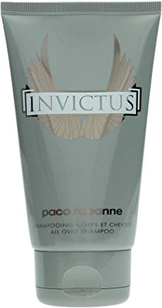 Paco Rabanne Invictus 150ml All Over Shampoo bottle with sleek design, displayed on a neutral background for beauty care.