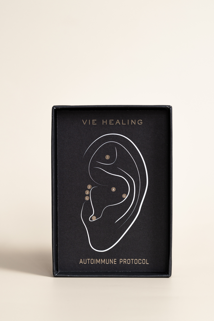 Pain Conrol - 24K Gold Ear Seed | Vie Healing showing an ear diagram with acupuncture points for autoimmune protocol wellness and recovery tools.