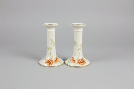 Pair 2 x Antique Limoges France Painted Poppy Candle Holders - Floral Design candle - USED GOOD CONDITION