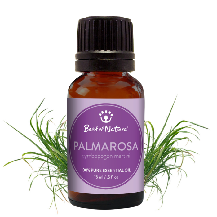 Bottle of Palmarosa essential oil with a purple label on a white background