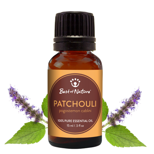Bottle of Best of Nature Patchouli essential oil with leaves and flowers on a white background