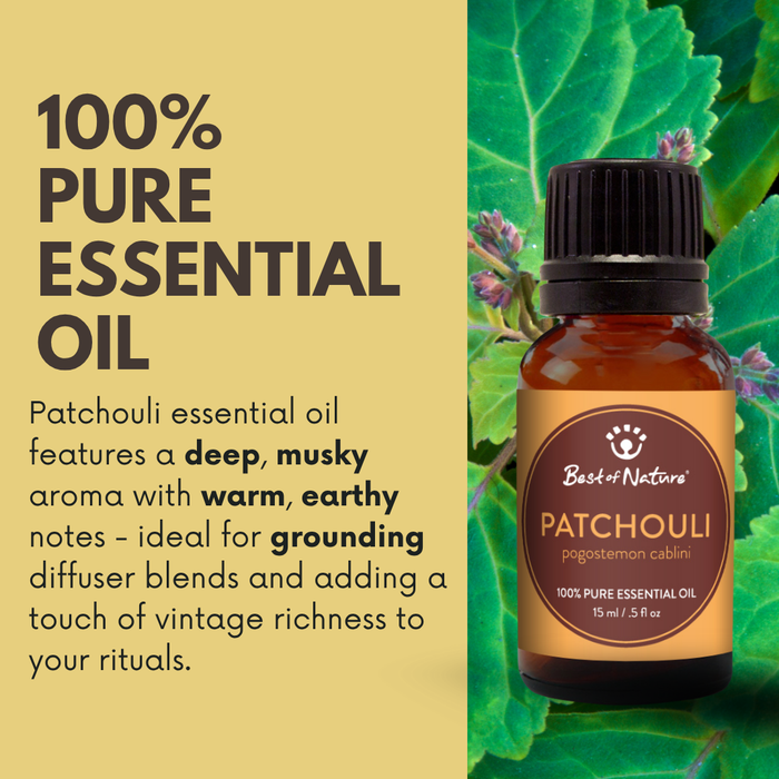 Patchouli essential oil features a deep, musky aroma with warm, earthy notes.