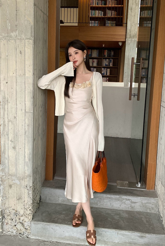 Penelope Satin Dress with Flower Brooch