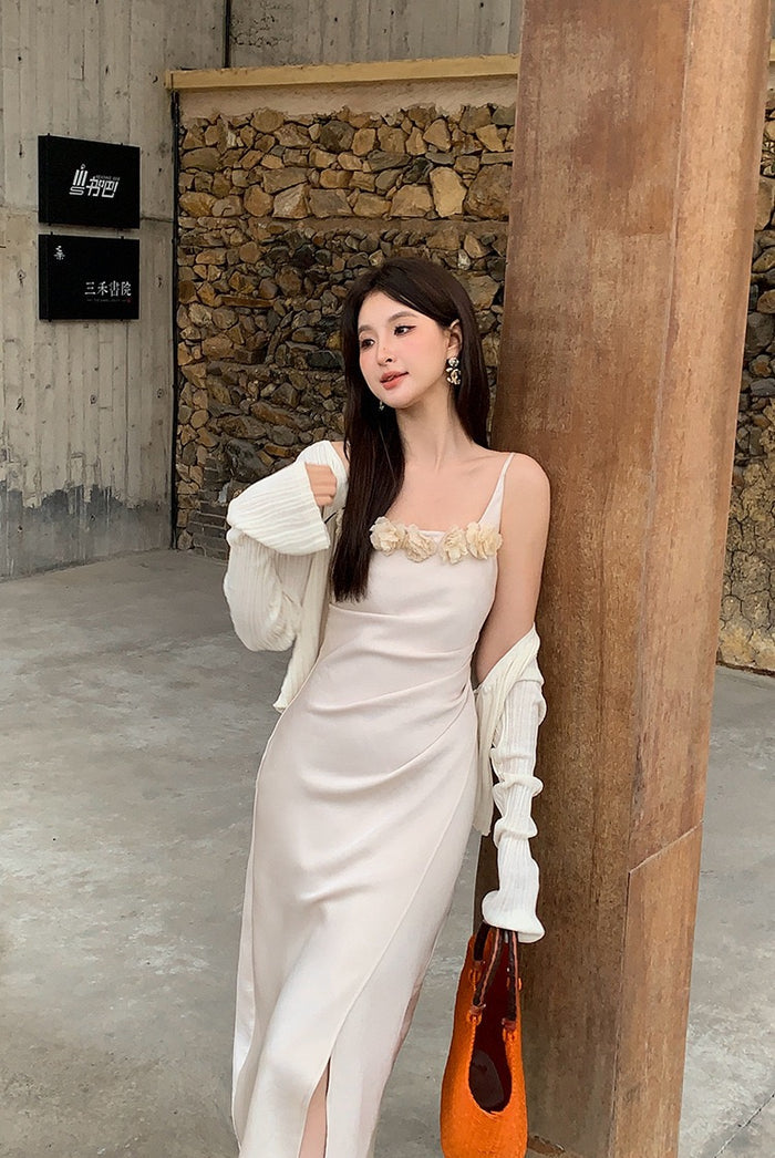 Penelope Satin Dress with Flower Brooch