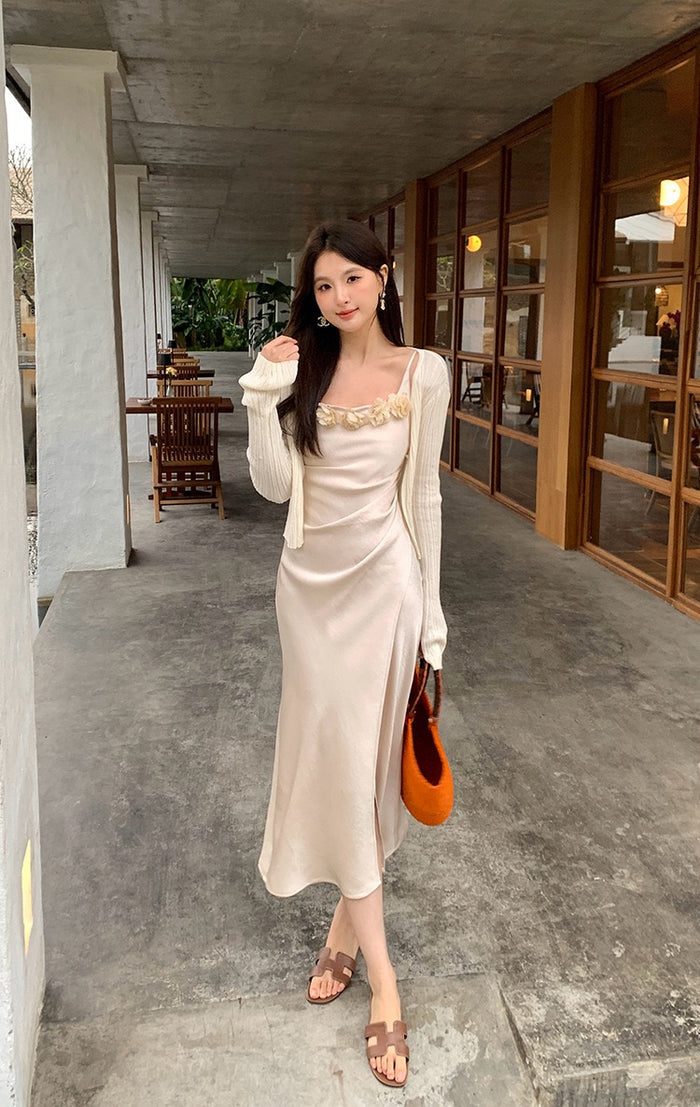 Penelope Satin Dress with Flower Brooch