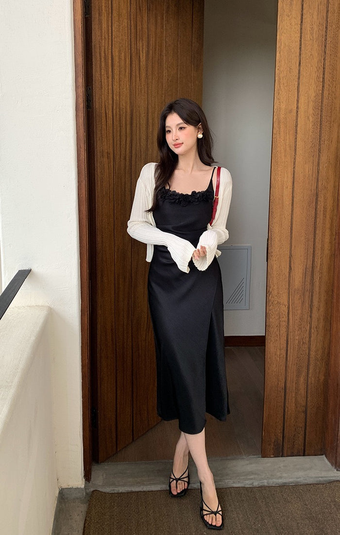 Penelope Satin Dress with Flower Brooch
