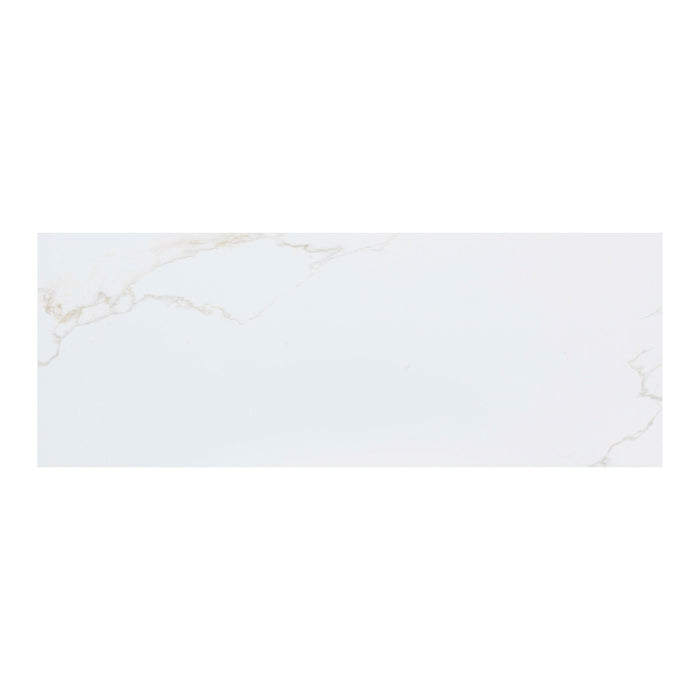 White marble effect tile with subtle veins on a white background