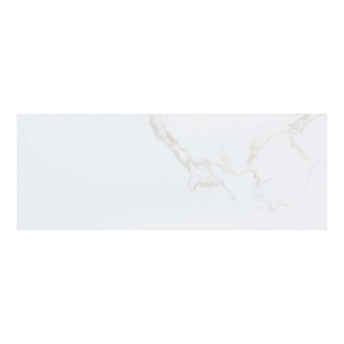 White marble effect tile with subtle veins on a white background