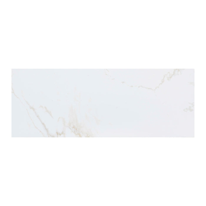 White marble effect tile with subtle veins on a white background