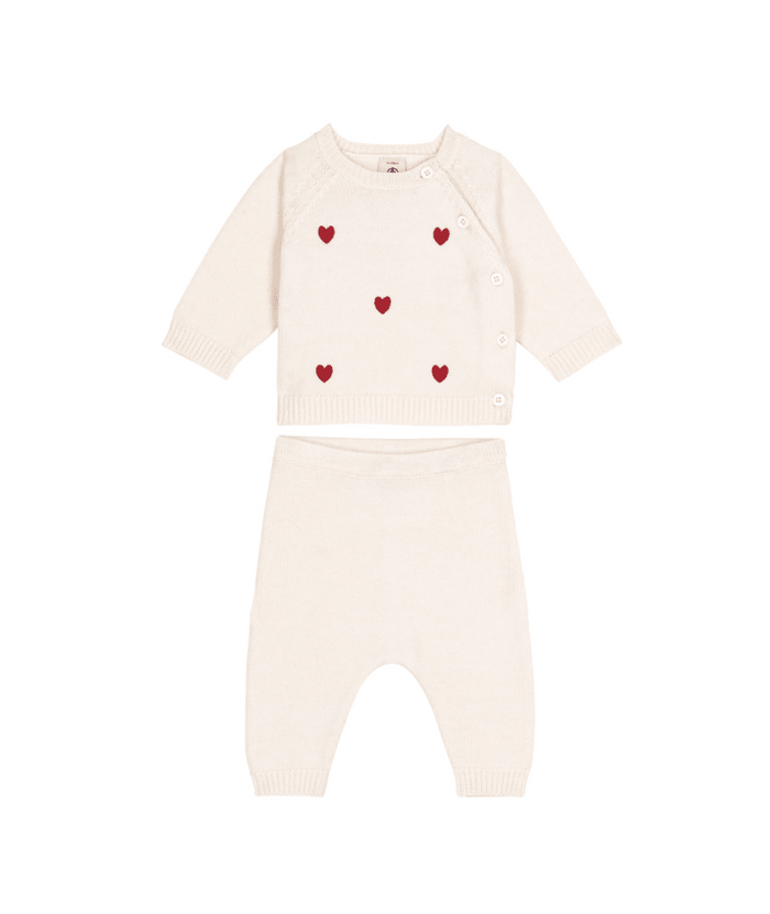 Petit Bateau 2 Piece Knit Set with Hearts in White/Red