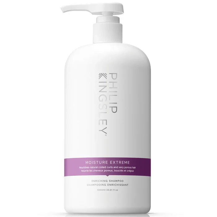 Philip Kingsley Moisture Extreme Shampoo 1000ml bottle showing sleek packaging for nourishing, hydrating hair care.