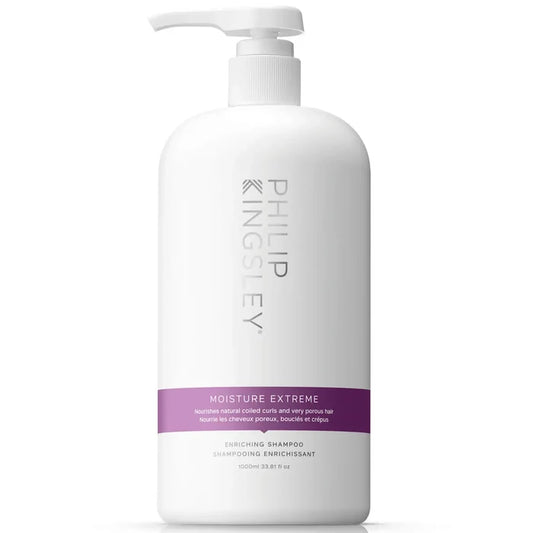 Philip Kingsley Moisture Extreme Shampoo 1000ml bottle showing sleek packaging for nourishing, hydrating hair care.