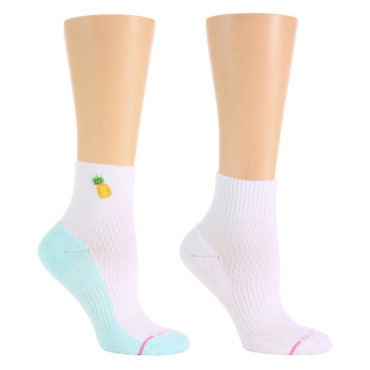 Quarter compression socks in white with a pineapple design and light blue accents.