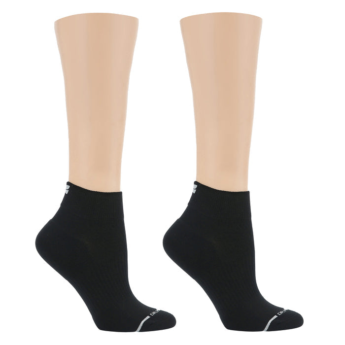 Black quarter compression socks with a plain knit texture and a reinforced toe.