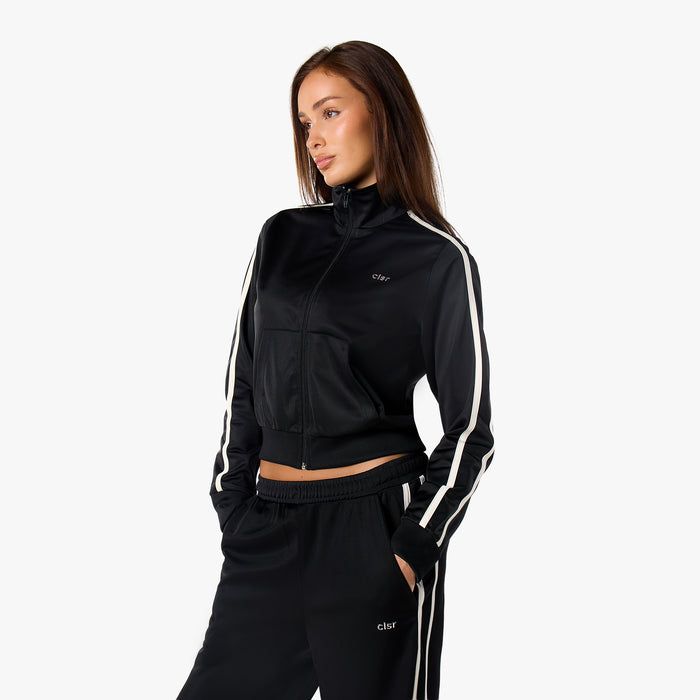 Poly Varsity Funnel Neck Track Top | Black