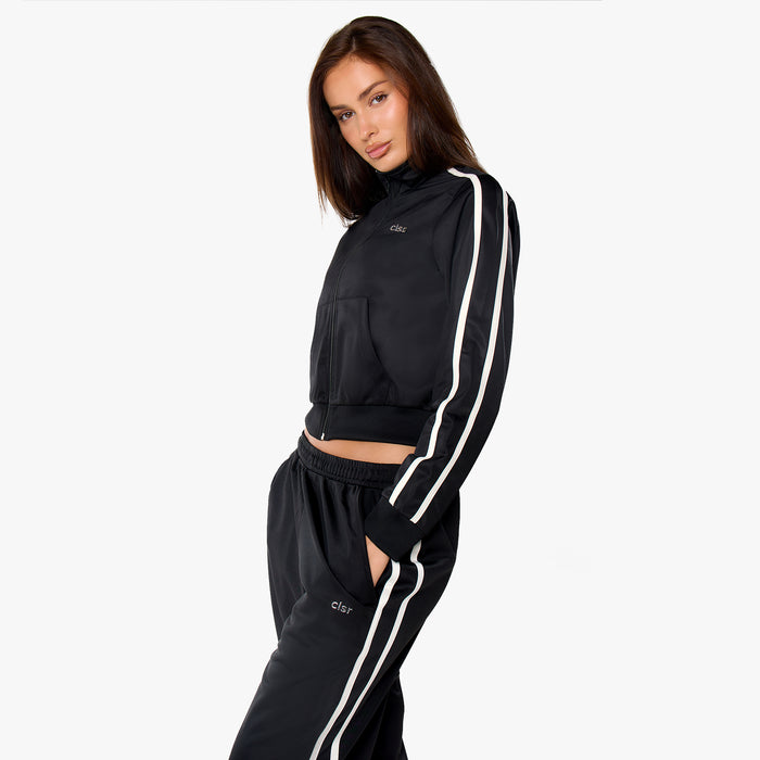 Poly Varsity Funnel Neck Track Top | Black