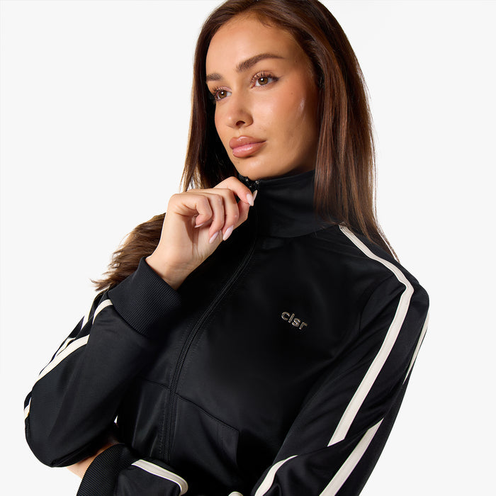 Poly Varsity Funnel Neck Track Top | Black