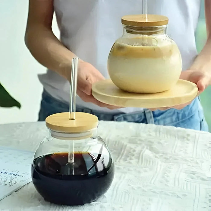 Pomegranate Round Glass Tumbler with Bamboo Lid & Straw
