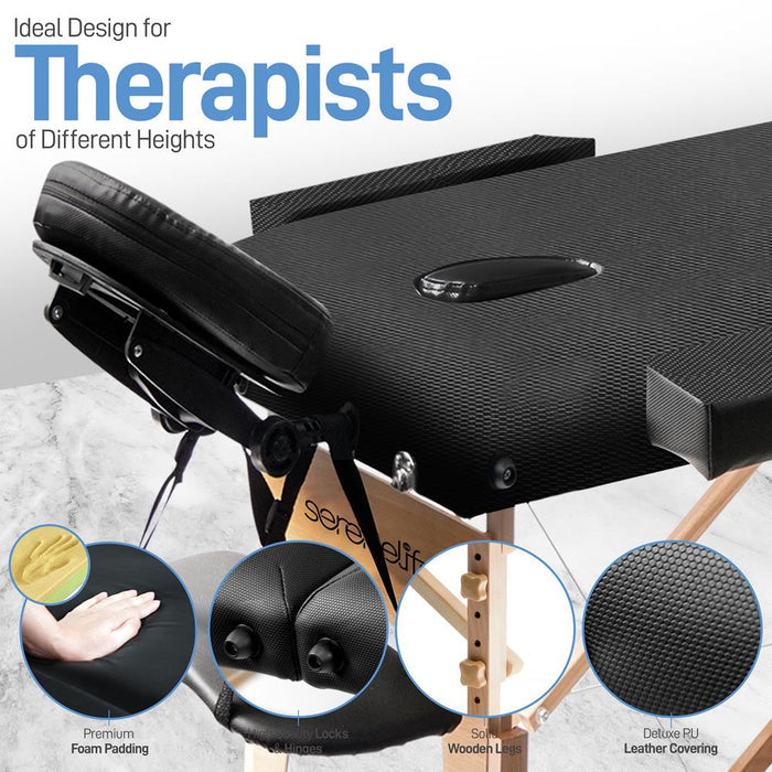 Portable Massage Table, Adjustable Wooden Frame, PU Leather, Ergonomic Headrest