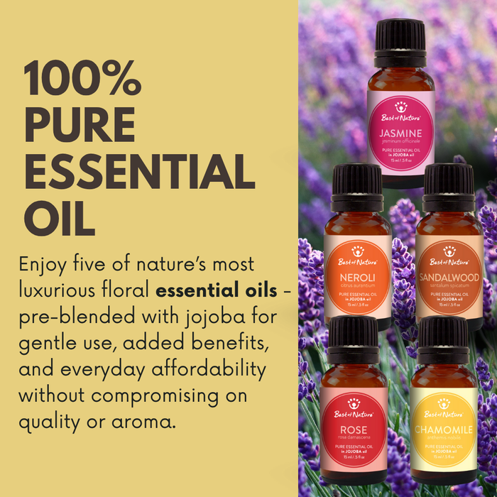 Five essential oils by Best of Nature that are blended in jojoba. These include jasmine, neroli, sandalwood, rose and chamomile.