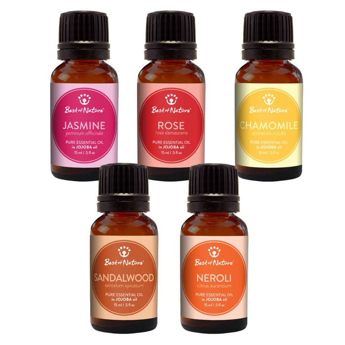 Jasmine, Rose, Chamomile, Sandalwood and Neroli essential oils