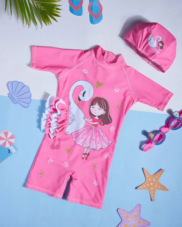 Pink half-sleeve one-piece swimsuit with swan ballet print and matching cap