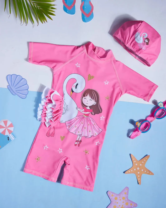 Pink half-sleeve one-piece swimsuit with swan ballet print and matching cap