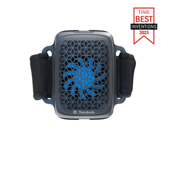 RecoveryTherm Cube | Therabody, a compact black and blue recovery tool with adjustable straps, recognized as a TIME Best Invention of 2023 for wellness and body care.