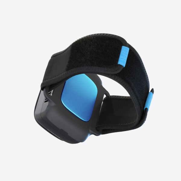 RecoveryTherm Cube | Therabody wearable recovery tool with sleek black and blue design and adjustable strap for targeted muscle therapy and wellness use.