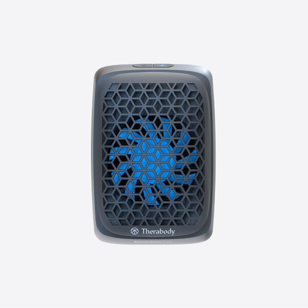 RecoveryTherm Cube | Therabody wellness device featuring a hexagonal vent design with glowing blue interior for effective recovery and body care.