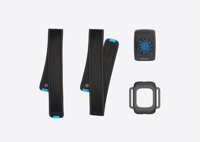 RecoveryTherm Cube | Therabody accessories including adjustable black straps with blue accents and two compact wellness recovery tools designed for body care and recovery.