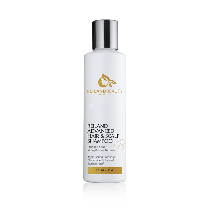 Reiland Advanced Hair & Scalp Shampoo – 6 fl. oz. bottle featuring Triple Action Postbiotic, Oat Amino Acids, and Salicylic Acid. Strengthens scalp, reduces buildup, and supports healthy hair growth.