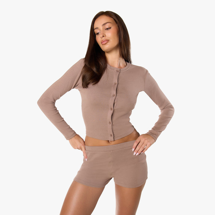 Ribbed Short Twinset | Mocha