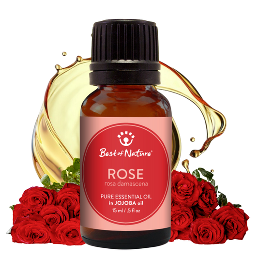 Bottle of Best of Nature Rose essential oil with red roses and droplets on a white background