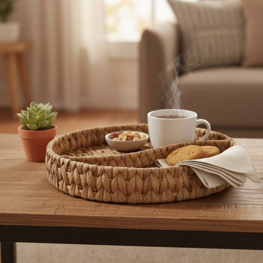 Round Handwoven Natural Fiber Basket Tray with Divider