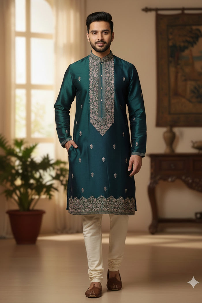 Royal Teal Green Embroidered Kurta Set