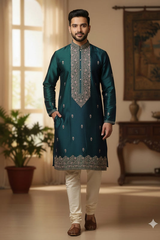 Royal Teal Green Embroidered Kurta Set