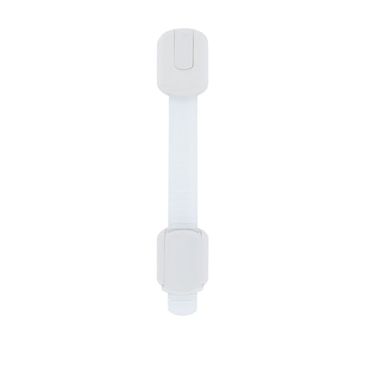 The Nuby Safety Cabinet Latches are white child safety locks with two rectangular ends linked by a flexible strap, ideal for babyproofing cabinets, drawers, or appliances and ensuring your child's safety at home.