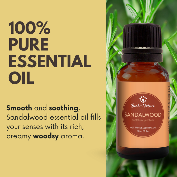 Smooth and soothing, sandalwood essential oil fills your senses with its rich, creamy woodsy aroma