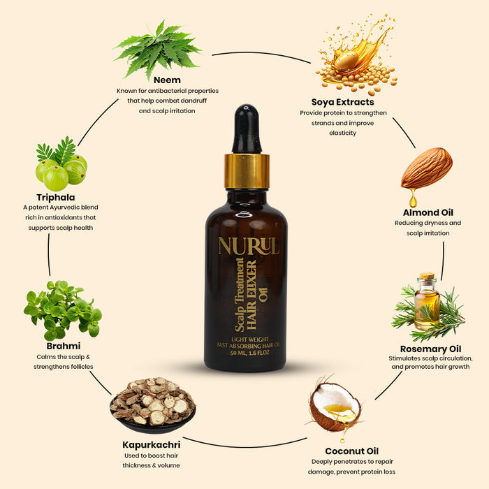 Nurul Hair Fixer Oil bottle with ingredients and benefits on a beige background