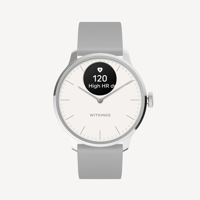 ScanWatch Light — White 37mm — Front view on white background, grey silicone strap, AMOLED sub-dial showing high heart rate alert 120 bpm — front, grey strap, HR alert