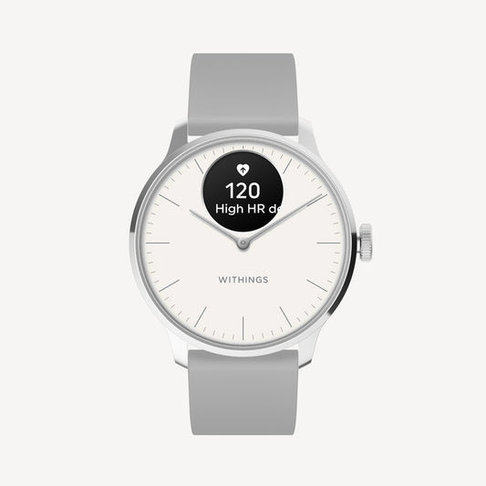 ScanWatch Light — White 37mm — Front view on white background, grey silicone strap, AMOLED sub-dial showing high heart rate alert 120 bpm — front, grey strap, HR alert